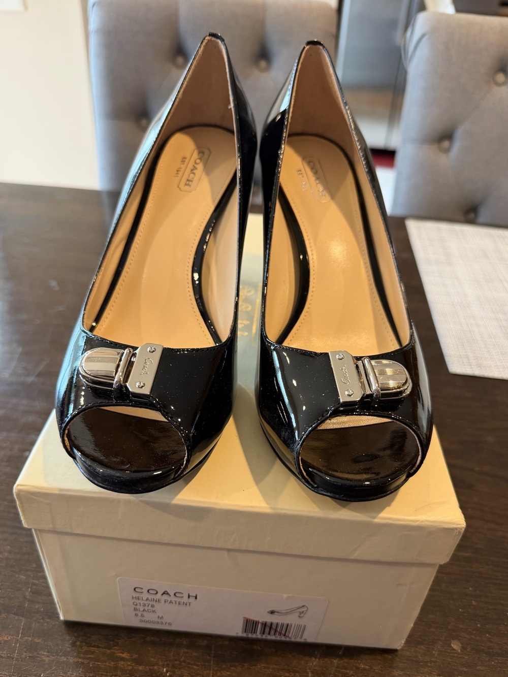 VINTAGE Coach “Helaine” Black Patent Peep-Toe Pumps Sz 8.5 EUC